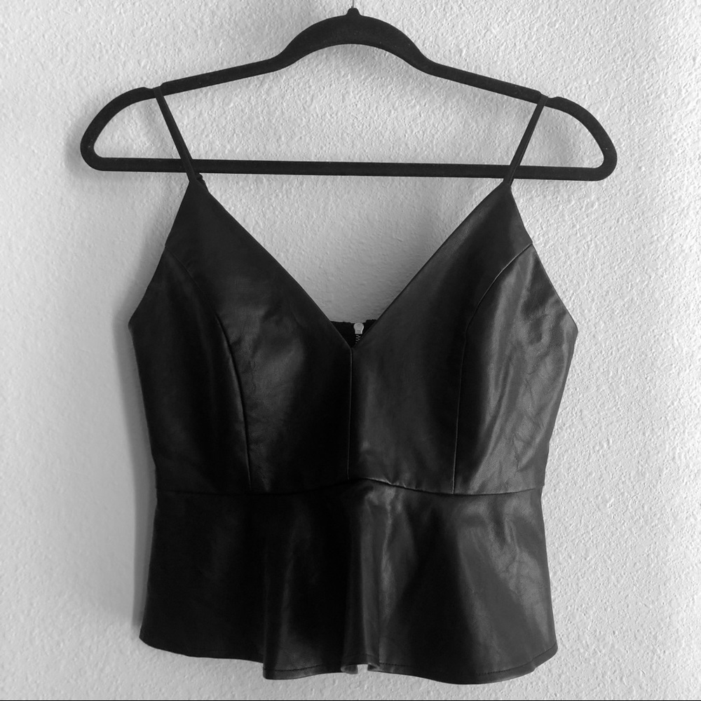 Black Faux Leather Peplum Top